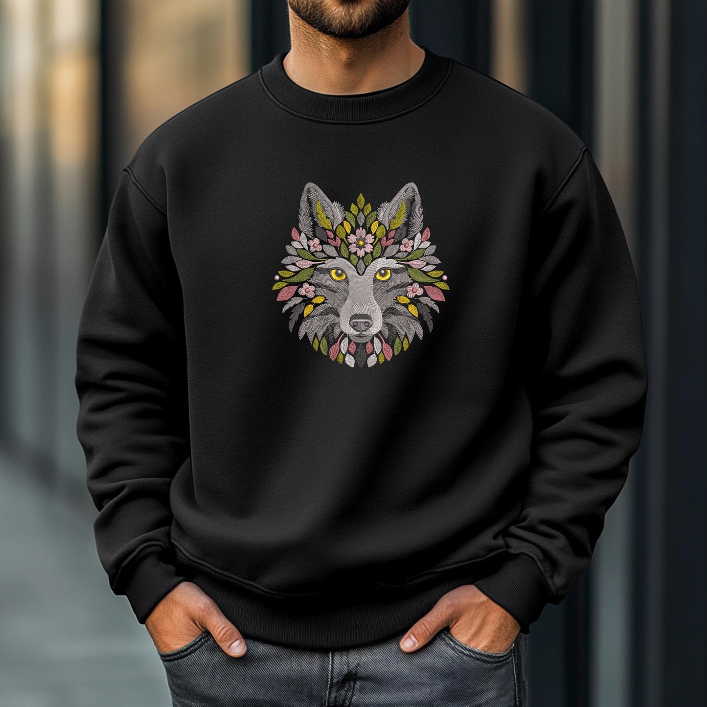 Wolf Embroidery Design, Floral Wolf Machine Embroidery Design, Wolf Pattern File PES, Animal Embroidery Design, Instant Download 6 sizes