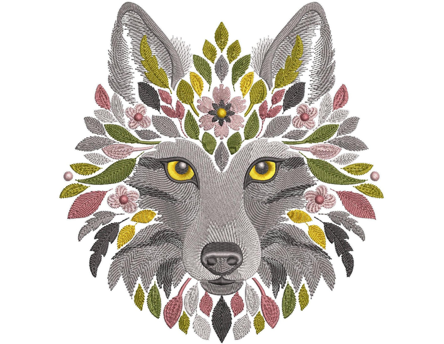 Wolf Embroidery Design, Floral Wolf Machine Embroidery Design, Wolf Pattern File PES, Animal Embroidery Design, Instant Download 6 sizes