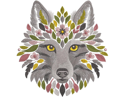 Wolf Embroidery Design, Floral Wolf Machine Embroidery Design, Wolf Pattern File PES, Animal Embroidery Design, Instant Download 6 sizes