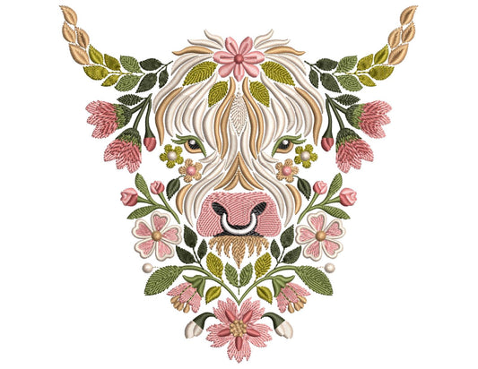 Highland Cow Embroidery Design – Floral Farm Animal Pattern for Machine Embroidery – Perfect for Projects, Gifts, and More! Instant Download