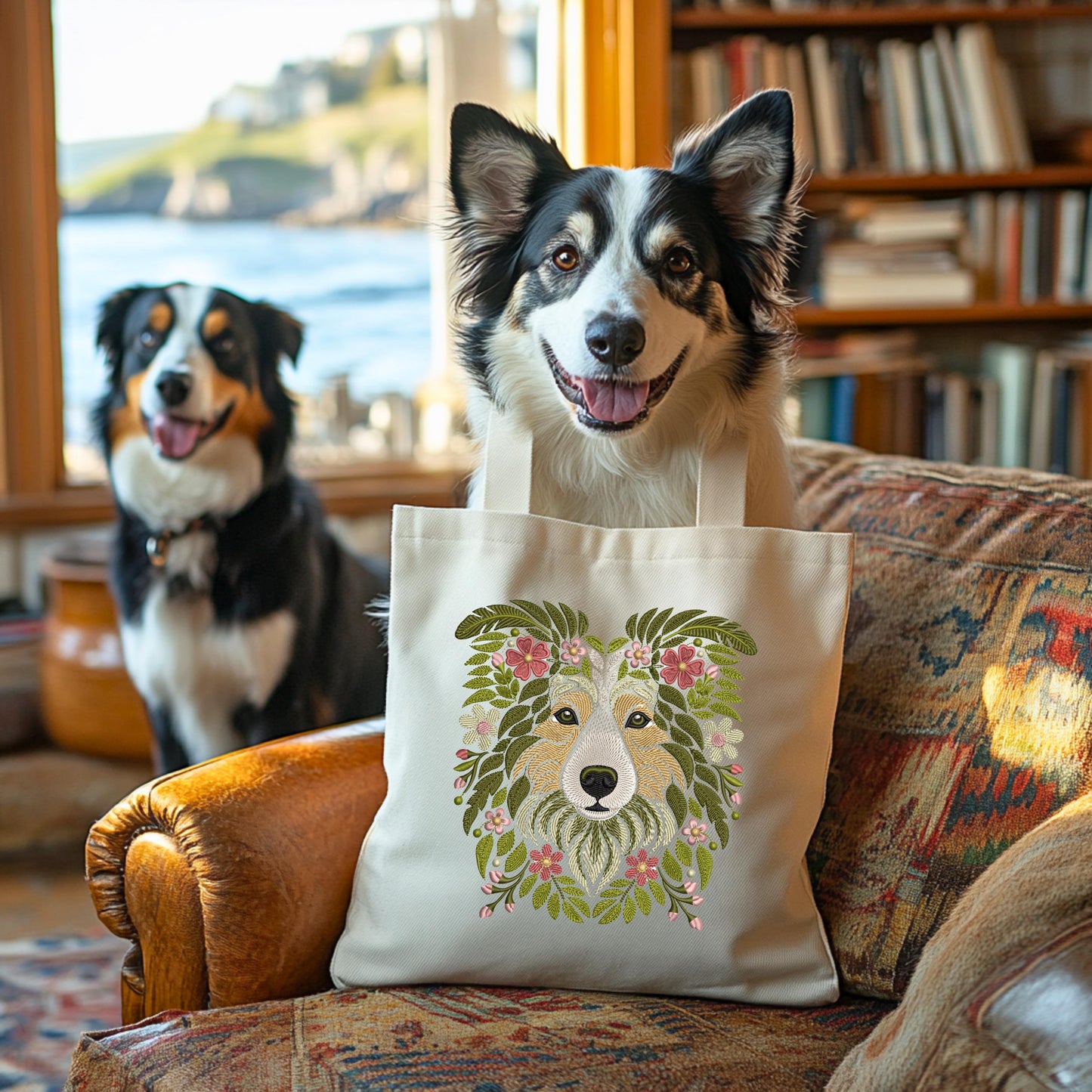 Border Collie Embroidery Design, Dog Machine Embroidery Pattern, Pet Lover Gift, Floral Embroidery, Pet Embroidery, Instand Download PES DST