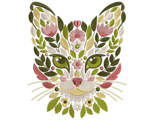 Floral Cat Embroidery Design, Cat Machine Embroidery Design, Leaf Cat Embroidery Pattern, Cat Pattern File, Pet Embroidery, Instant Download