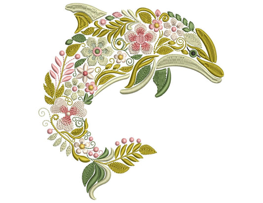 Floral Dolphin Embroidery Design, Ocean Animal Embroidery, Nautical Embroidery, Dolphin Pattern PES, Marine Embroidery, Nautical Pattern