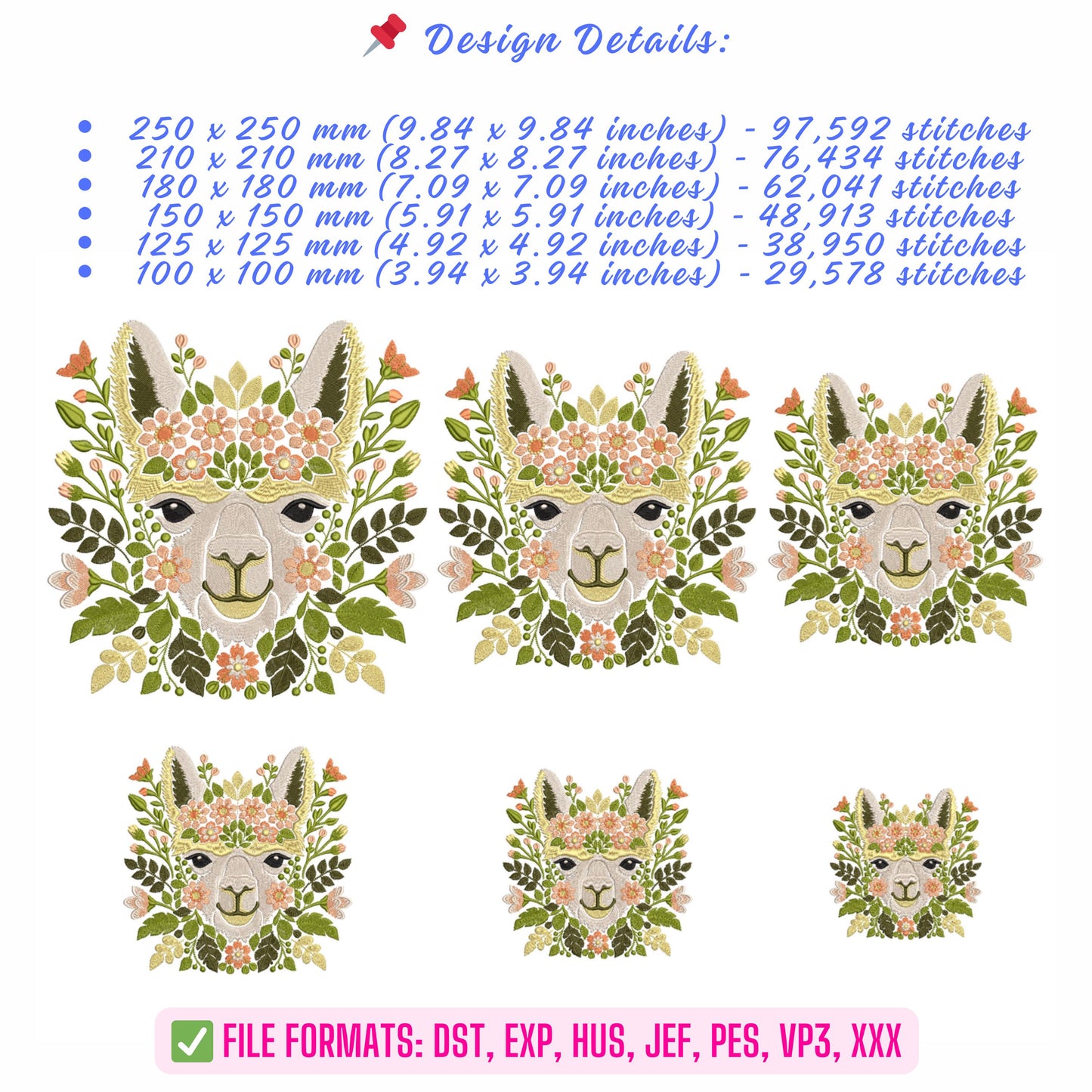 Floral Alpaca Machine Embroidery Design, Boho Animal Embroidery Pattern, Cute Alpaca Pattern for Clothes & Home Decor, Alpaca Pattern PES
