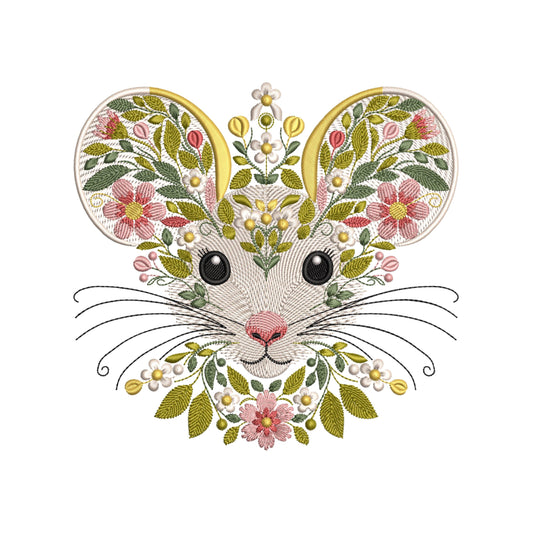 Floral Mouse Embroidery Design, Mouse Machine Embroidery Design, Floral Animal Embroidery, Floral Mouse PES DST JEF, Cottagecore Aesthetic