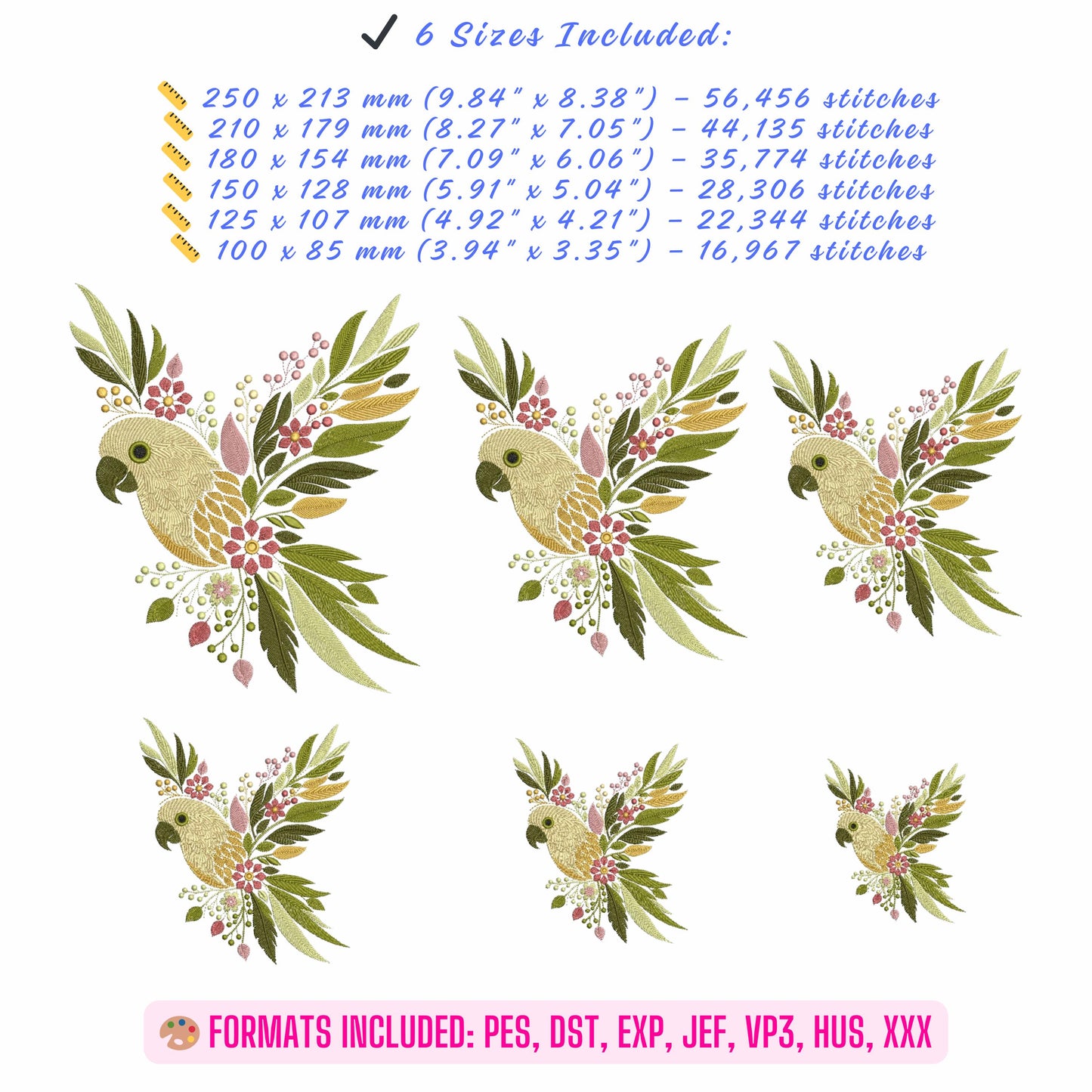 Floral Parrot Embroidery Design, Bird Embroidery Design, Parrot Pattern, Bird Pattern, Floral Bird Machine Embroidery Design, Boho Floral