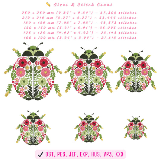 Floral Ladybug Machine Embroidery Design – Nature-Inspired Beauty, Bug Insect Embroidery Pattern, Ladybug Pattern, Cute Bug Embroidery PES