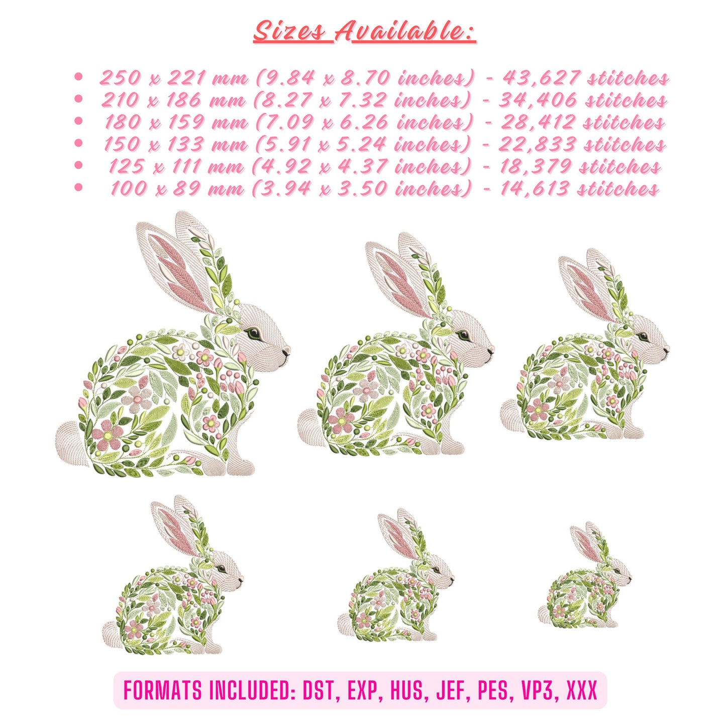 Floral Bunny Machine Embroidery Design – Easter Rabbit Pattern, Floral Bunny, Spring Rabbit Embroidery, Animal Embroidery, Easter Design PES
