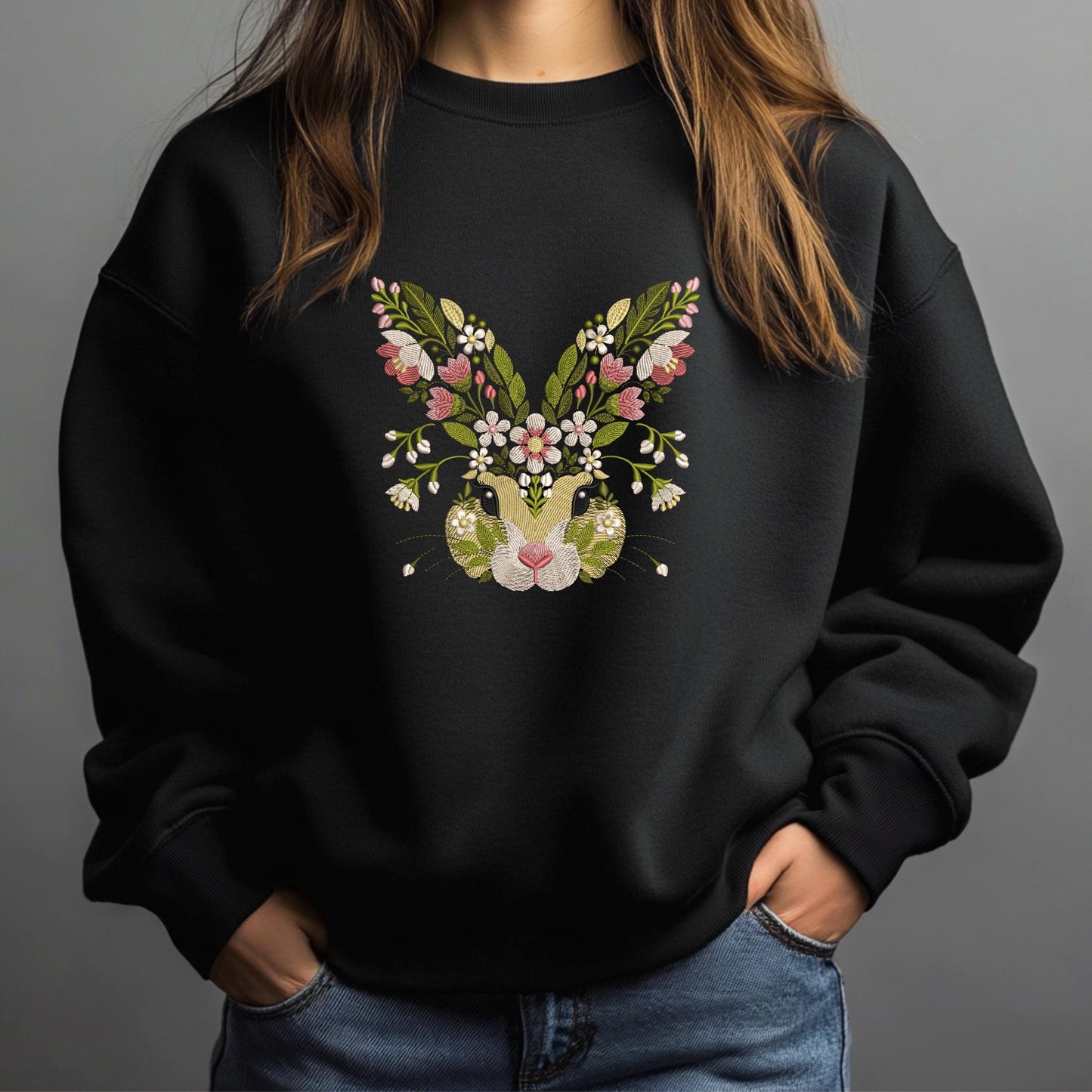 Spring Floral Bunny Embroidery Set – Digital Machine Embroidery Designs, Easter Bunny Floral Embroidery, Floral Rabbit Embrodery PES DST JEF