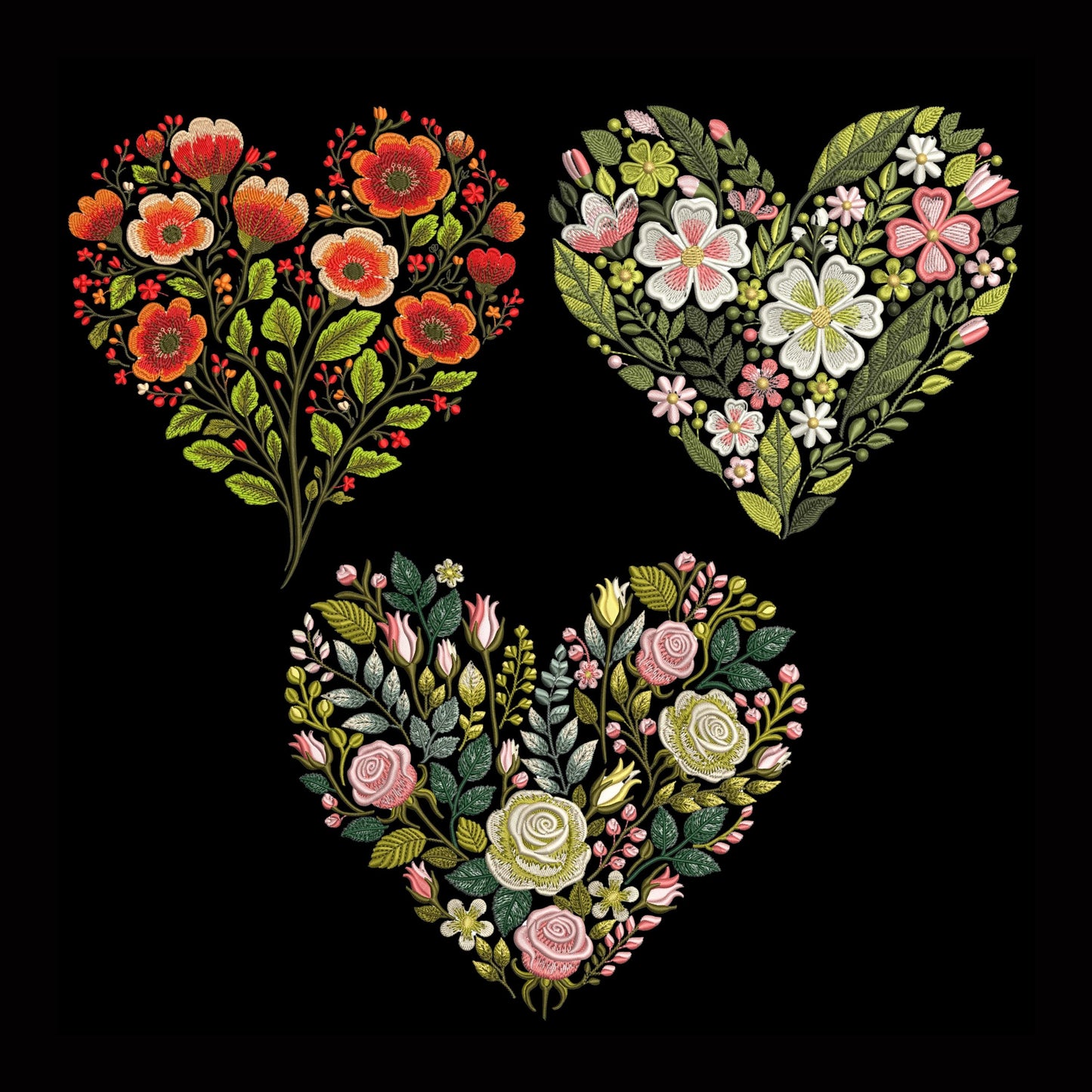 Floral Heart Machine Embroidery Design – Romantic Flower Heart Set, Wedding Gift, Home Décor, Romantic Valentine, Rose & Poppy Heart PES DST