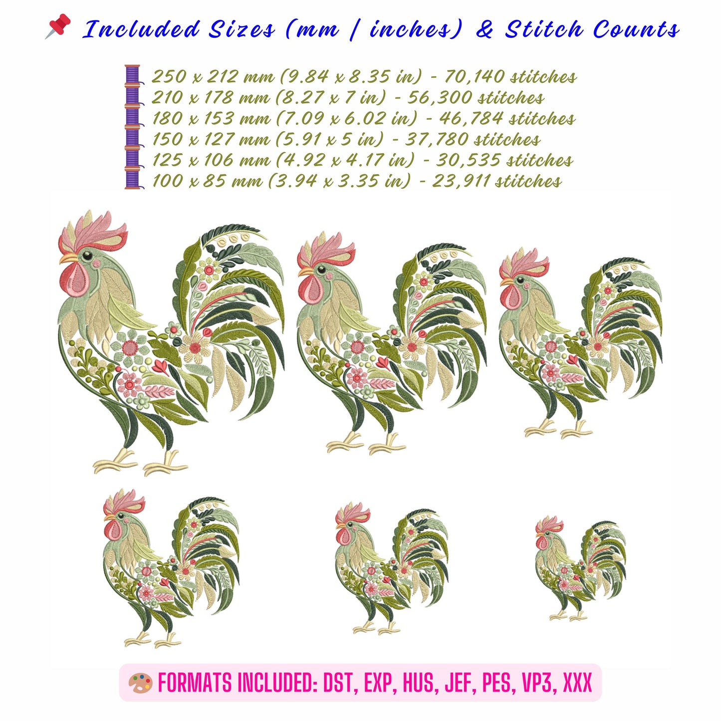 Floral Rooster Embroidery Design: Rustic Farmhouse Decor PES, DST, EXP, Rooster Embroidery Pattern, Animal Embroidery File, Boho Embroidery