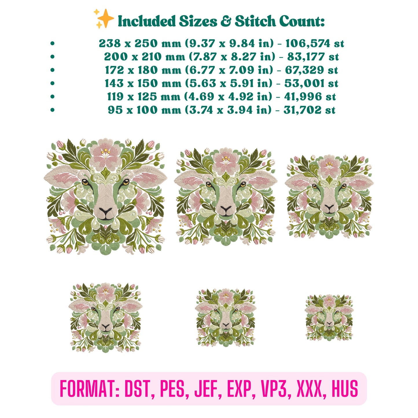 Flower Sheep Embroidery Design - Machine Embroidery Pattern for Home Decor & Apparel, Sheep Pattern, Animal Embroidery, Floral Embroidery