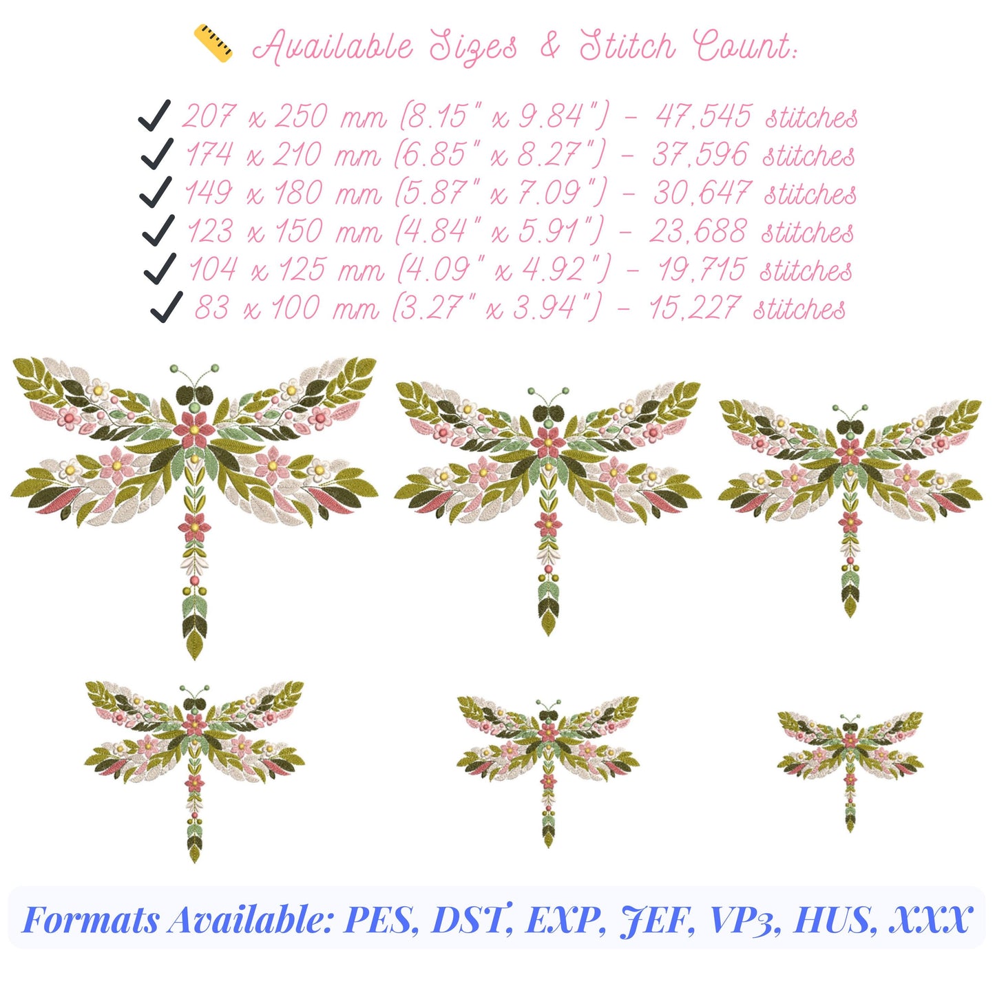 Floral Dragonfly Machine Embroidery Design - Nature-Inspired Pattern, Insects Embroidery, Dragonfly Pattern, Floral Wings Embroidery Pattern