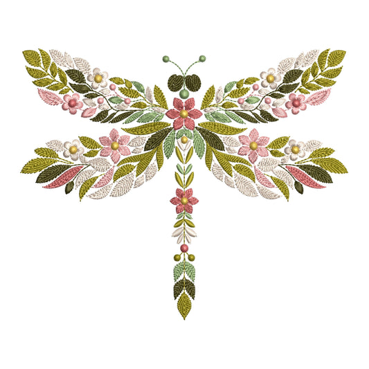 Floral Dragonfly Machine Embroidery Design - Nature-Inspired Pattern, Insects Embroidery, Dragonfly Pattern, Floral Wings Embroidery Pattern