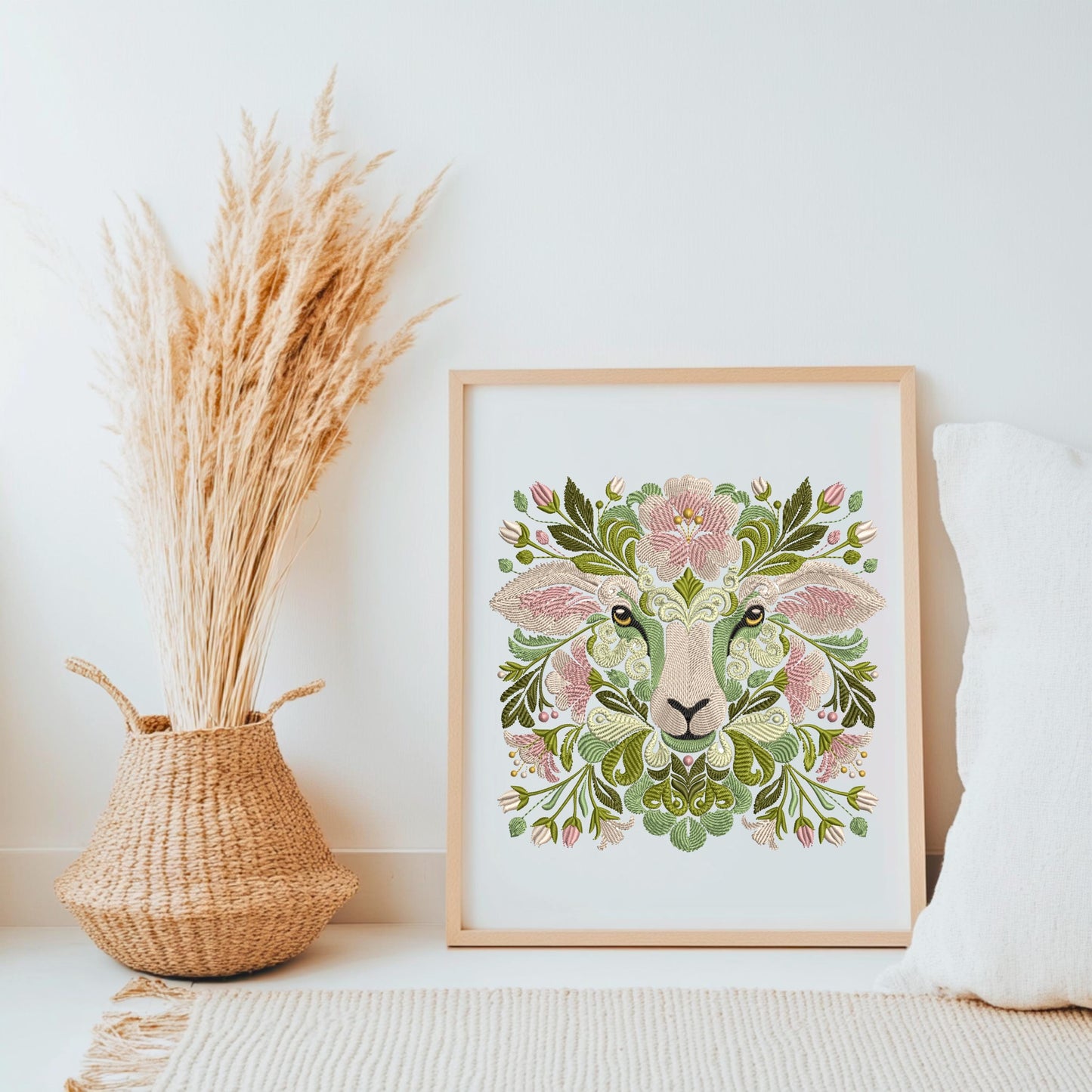 Flower Sheep Embroidery Design - Machine Embroidery Pattern for Home Decor & Apparel, Sheep Pattern, Animal Embroidery, Floral Embroidery