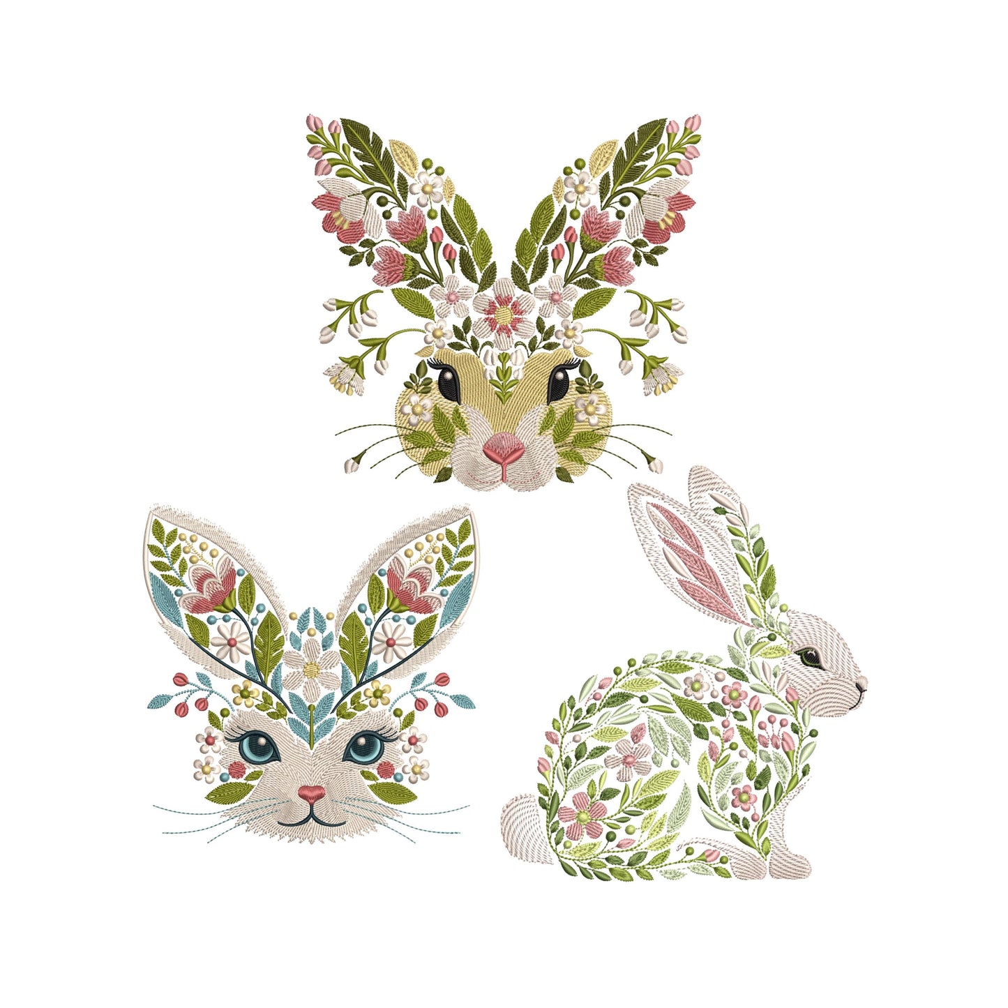 Spring Floral Bunny Embroidery Set – Digital Machine Embroidery Designs, Easter Bunny Floral Embroidery, Floral Rabbit Embrodery PES DST JEF