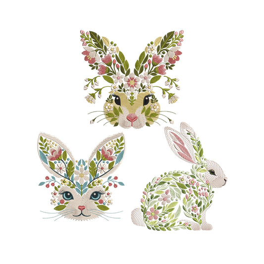 Spring Floral Bunny Embroidery Set – Digital Machine Embroidery Designs, Easter Bunny Floral Embroidery, Floral Rabbit Embrodery PES DST JEF