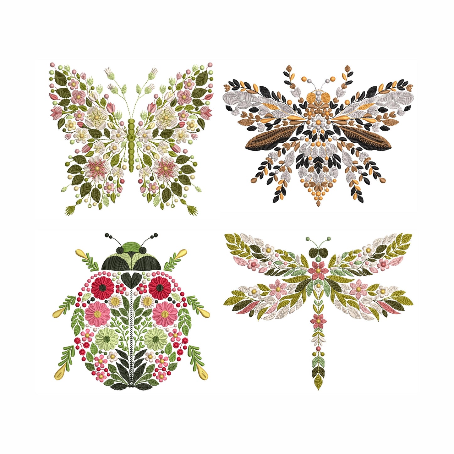 Floral Insect Machine Embroidery Design – Butterfly, Dragonfly, Ladybug, Bee, Floral Insect Digital Pattern – Instant Download PES DST VP3