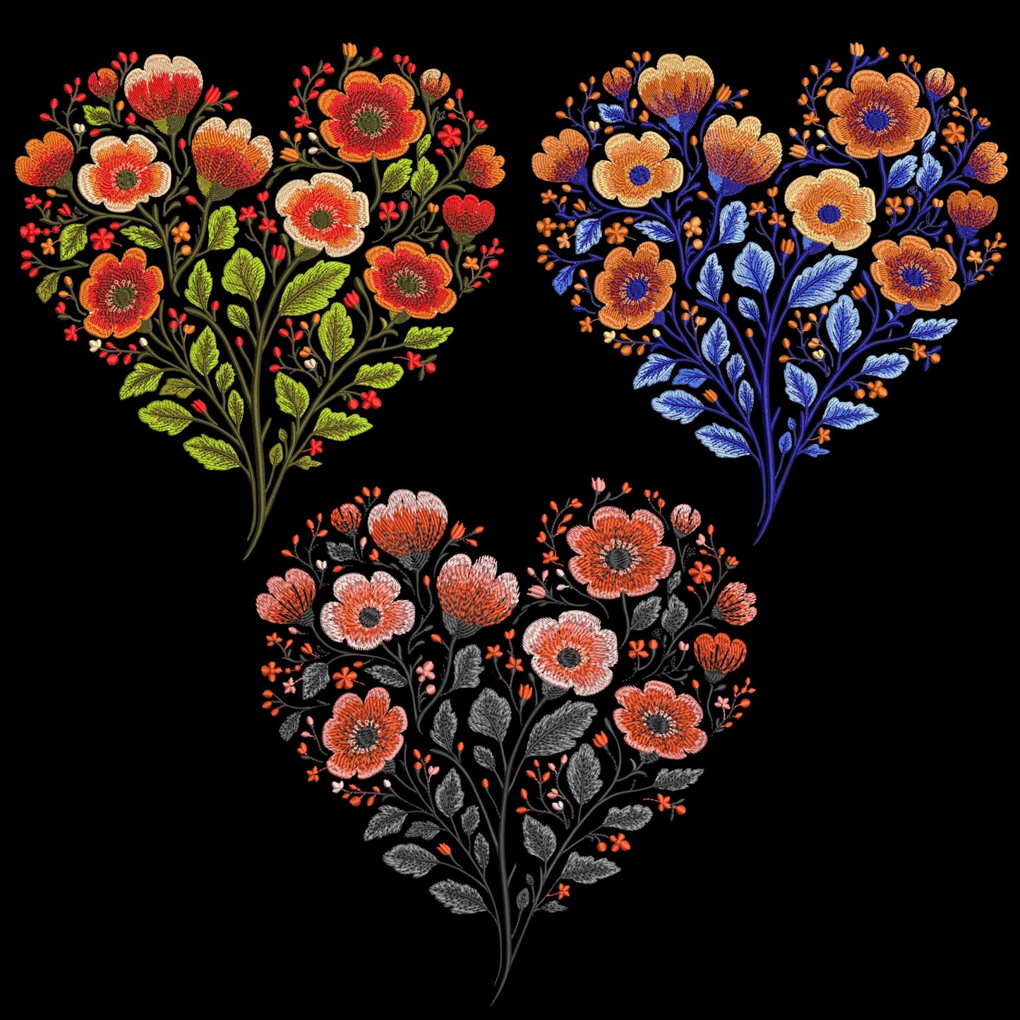 Floral Heart Machine Embroidery Design – Romantic Flower Heart Set, Wedding Gift, Home Décor, Romantic Valentine, Rose & Poppy Heart PES DST