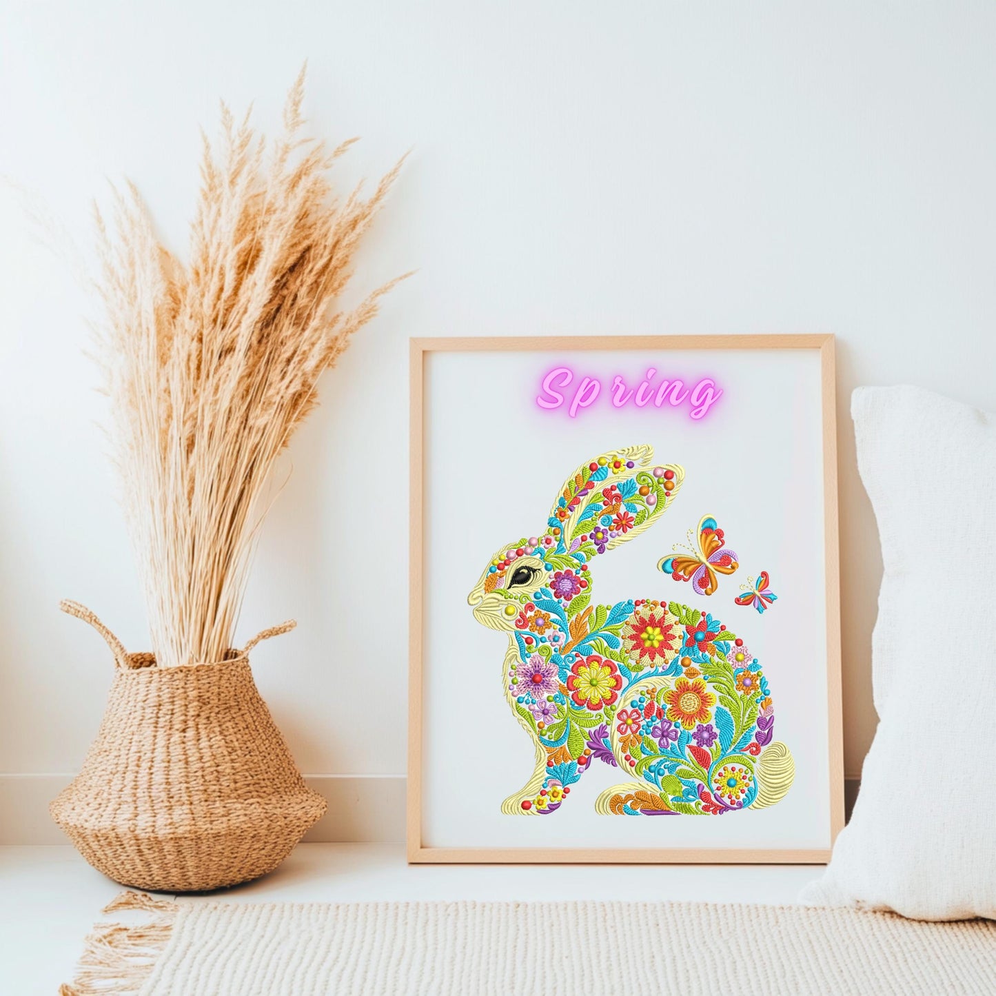 Floral Easter Bunny Embroidery Design – Spring Rabbit with Flowers, Machine Embroidery File, Easter Rabbit with Butterflies, Spring Pattern