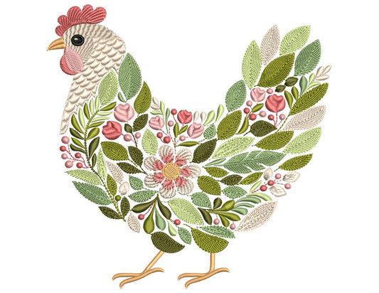 Floral Chicken Embroidery Design: Rustic Farmhouse Hen, Chiken Embroidery Pattern PES, Instant Download File For Embroidery Gifts