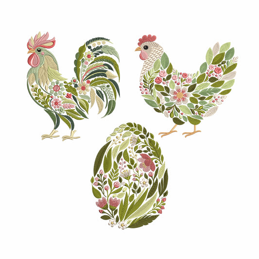 Floral Animal Embroidery Set - Hen, Rooster & Egg - Embroidery Machine Files for DIY Crafts, T-Shirts, Bags, Easter Embroidery PES, dst, jef
