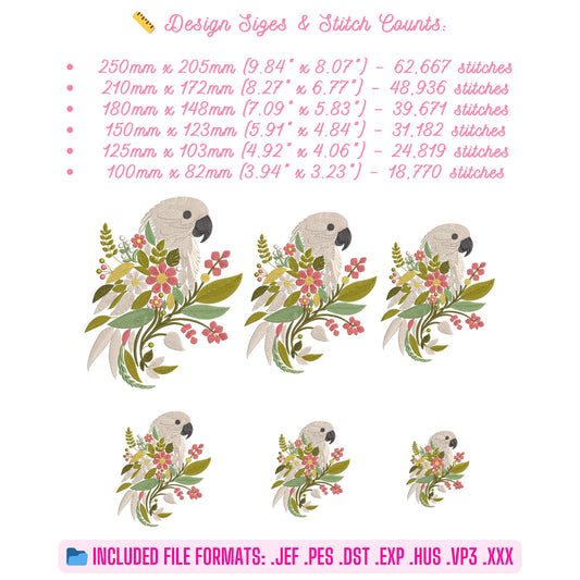 Floral Parrot Embroidery Design - Machine Embroidery Designs for Crafts, Home Decor, Apparel & Gifts, Parrot Pattern, Bird Embroidery PES