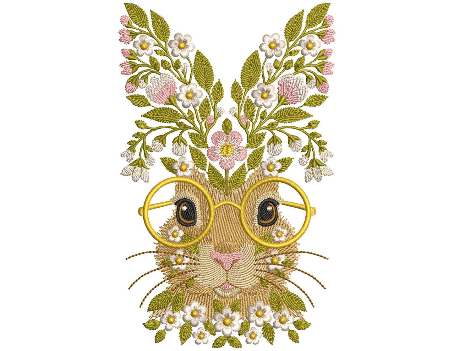 Floral Bunny with Glasses – Machine Embroidery Design, Design Easter Rabbit with Glasses Spring Boho Animal Embroidery, Easter Bunny PES DST