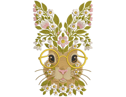 Floral Bunny with Glasses – Machine Embroidery Design, Design Easter Rabbit with Glasses Spring Boho Animal Embroidery, Easter Bunny PES DST