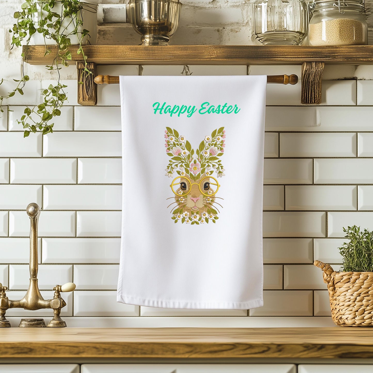 Floral Bunny with Glasses – Machine Embroidery Design, Design Easter Rabbit with Glasses Spring Boho Animal Embroidery, Easter Bunny PES DST