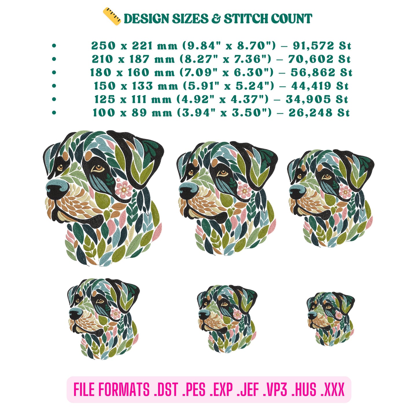 Floral Rottweiler Embroidery Design – Stunning Machine Embroidery Dog Design with Flowers, Pet Lover Gift, Colorful Dog, Download PES DST