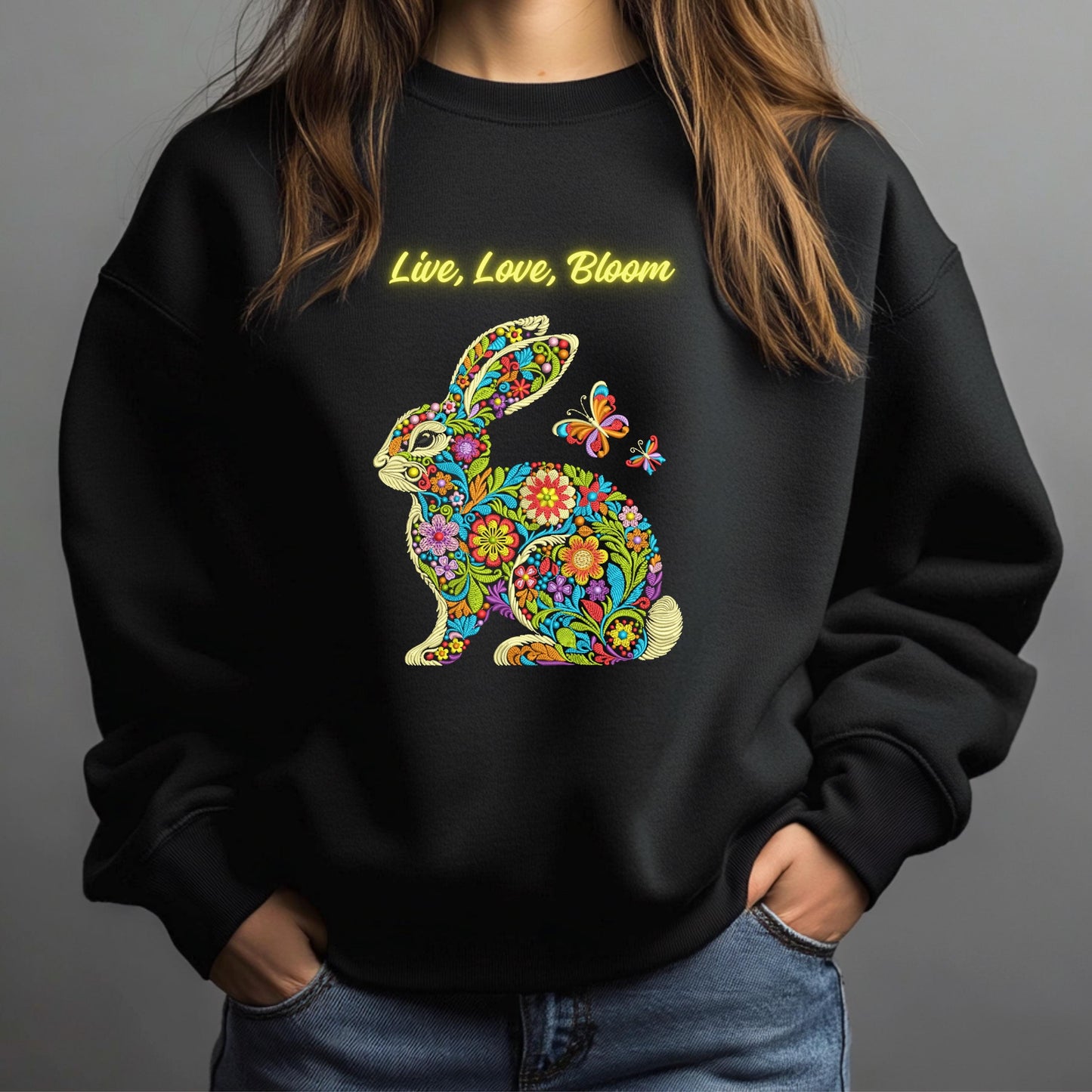 Floral Easter Bunny Embroidery Design – Spring Rabbit with Flowers, Machine Embroidery File, Easter Rabbit with Butterflies, Spring Pattern