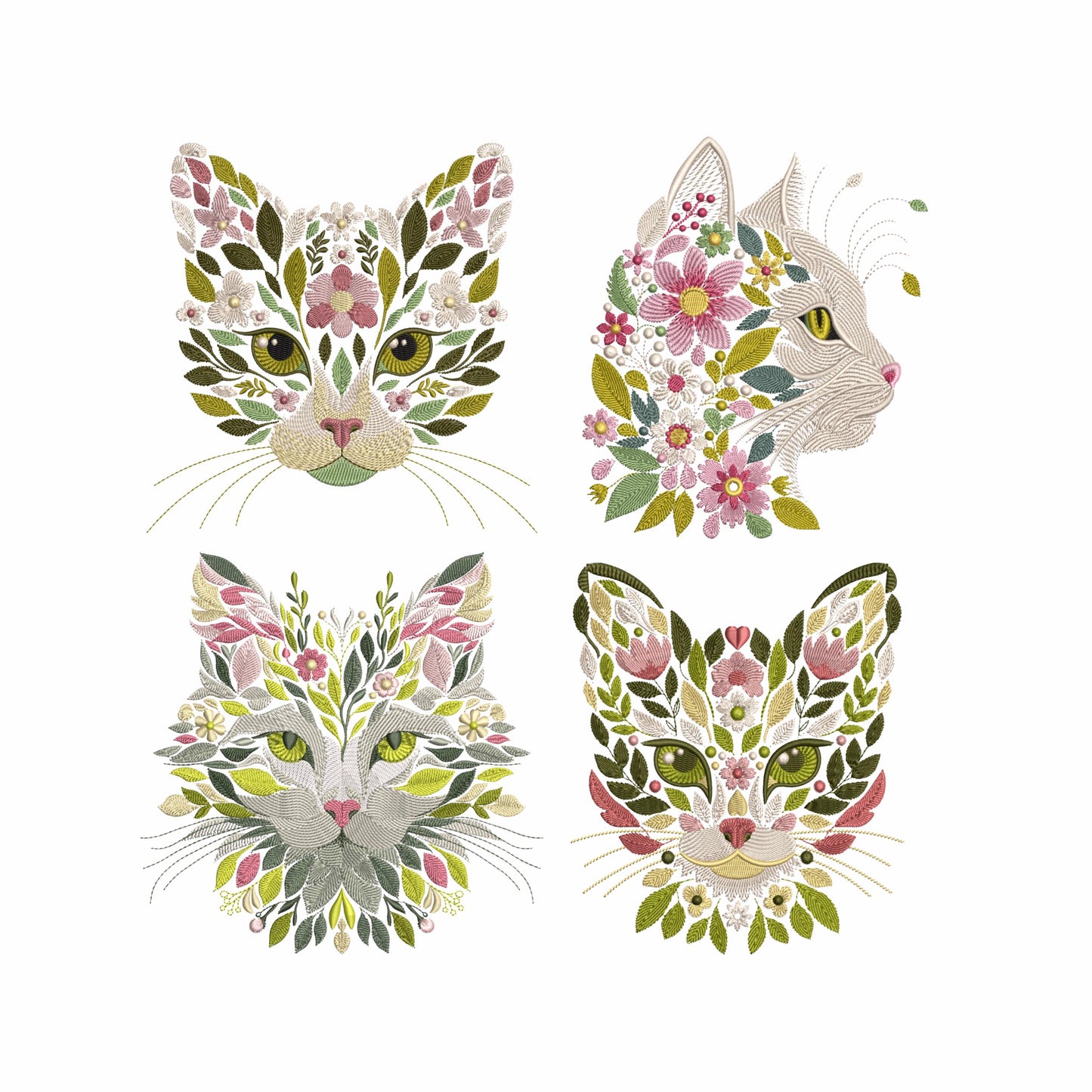 Floral Cat Embroidery Set – 4 Beautiful Nature-Inspired Designs for Machine Embroidery, Floral Embroidery, Animal Embroidery, PES, DST, JEF