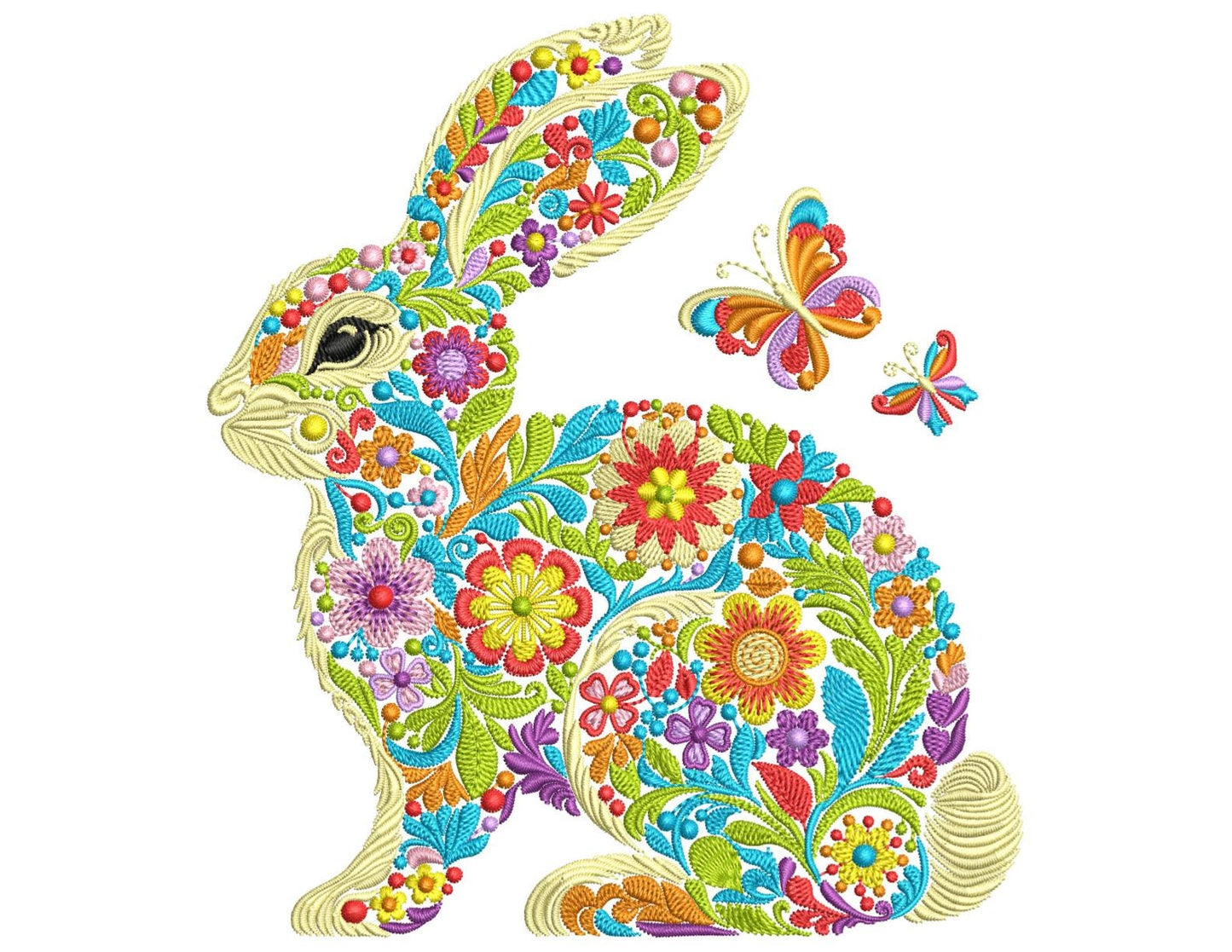 Floral Easter Bunny Embroidery Design – Spring Rabbit with Flowers, Machine Embroidery File, Easter Rabbit with Butterflies, Spring Pattern