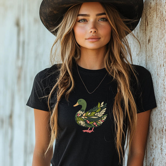 Floral Duck Machine Embroidery Design, Elegant Duck with Leaves, Bird Embroidery, Duck Pattern, Instant Download for DIY Projects, PES DST