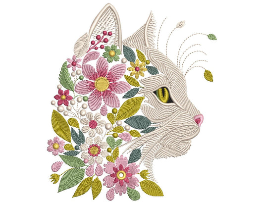 Floral Cat Machine Embroidery Design: Pastel Leaf Animal, Cat Embroidery Pattern PES, Digital Download File For Pet Lovers