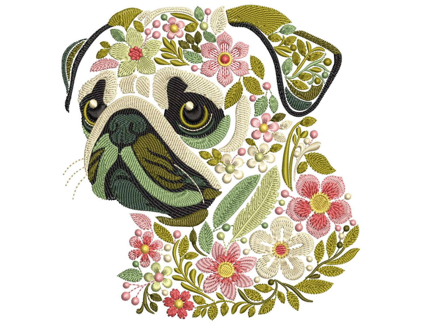 Floral Pug Dog Embroidery Design, Dog Machine Embroidery File Cute Pug Face Pattern, Dog Lover Gift Idea, Animal Embroidery, Pets Embroidery