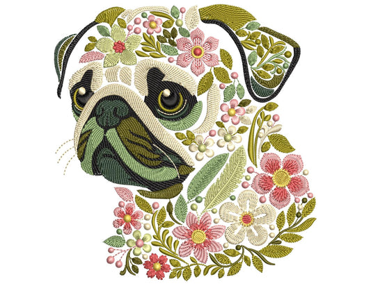 Floral Pug Dog Embroidery Design, Dog Machine Embroidery File Cute Pug Face Pattern, Dog Lover Gift Idea, Animal Embroidery, Pets Embroidery