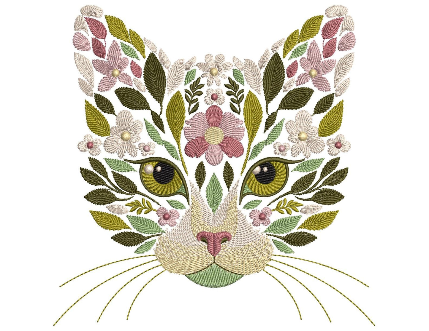 Floral Cat Machine Embroidery Design: Cute Animal Face for Sweatshirts & T-shirts, Cat Pattern, Pet Embroidery, Floral Animal Embroidery PES