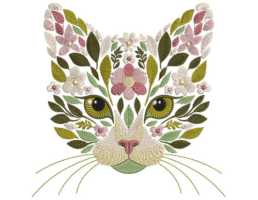 Floral Cat Machine Embroidery Design: Cute Animal Face for Sweatshirts & T-shirts, Cat Pattern, Pet Embroidery, Floral Animal Embroidery PES