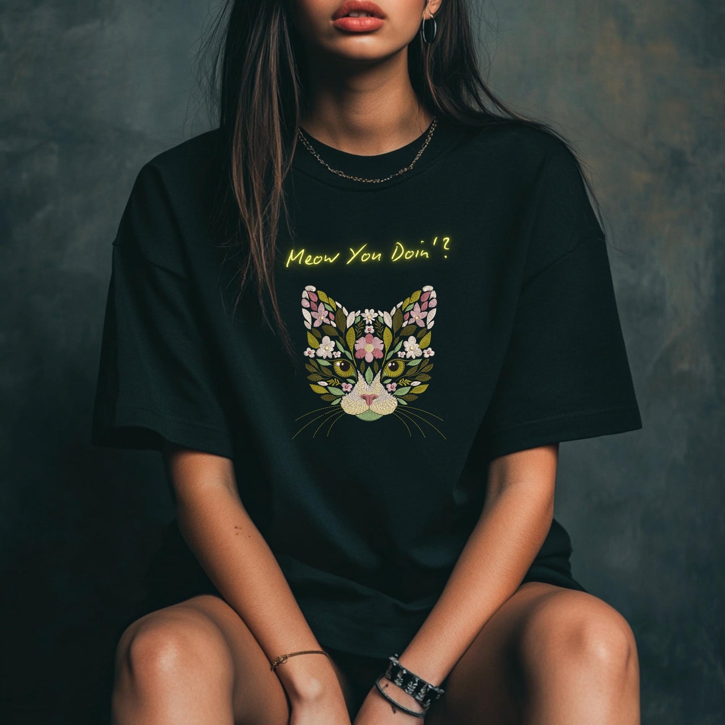 Floral Cat Machine Embroidery Design: Cute Animal Face for Sweatshirts & T-shirts, Cat Pattern, Pet Embroidery, Floral Animal Embroidery PES