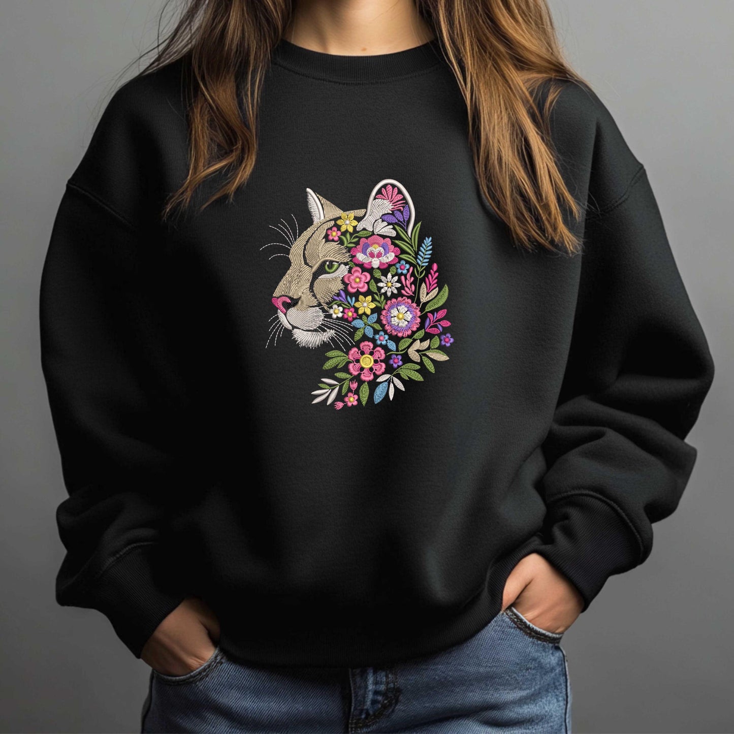 Floral Cougar Machine Embroidery Design, Puma Embroidery, Wild Cat Jungle Pattern, Jungle Floral Pattern, Boho Animal Embroidery, Animal PES