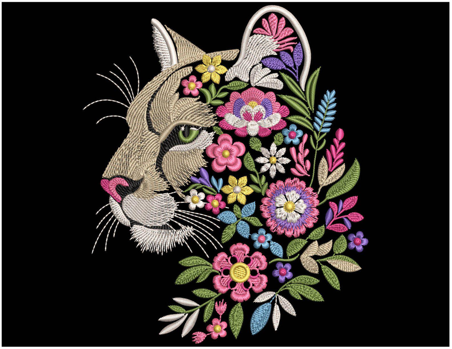 Floral Cougar Embroidery Design: Wild Puma Pattern, Cougar Machine Pattern PES DST JEX, Animal Embroidery Design, Instant Download