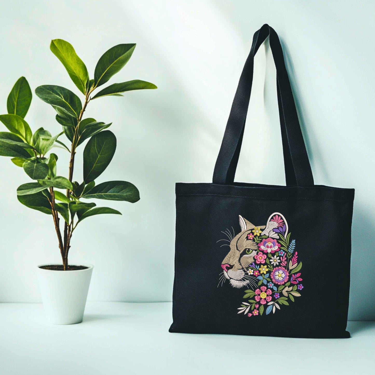 Floral Cougar Embroidery Design: Wild Puma Pattern, Cougar Machine Pattern PES DST JEX, Animal Embroidery Design, Instant Download