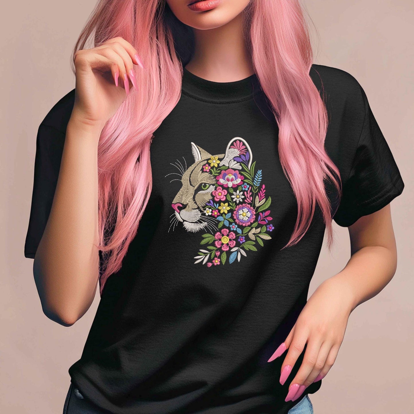 Floral Cougar Embroidery Design: Wild Puma Pattern, Cougar Machine Pattern PES DST JEX, Animal Embroidery Design, Instant Download