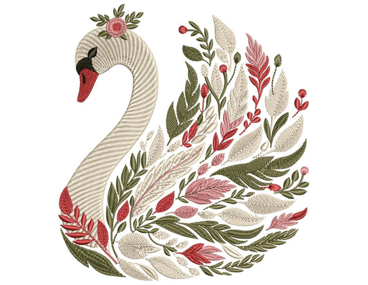 Floral Elegant Swan Embroidery Design – Floral Machine Embroidery Pattern – Instant Download Digital File, Bird Embroidery, Swan Pattern PES