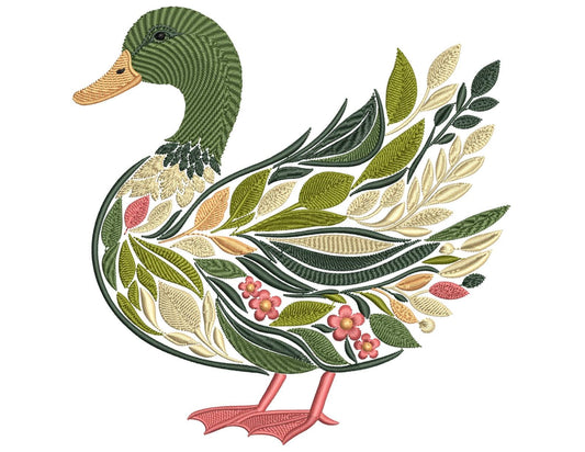 Floral Duck Machine Embroidery Design, Elegant Duck with Leaves, Bird Embroidery, Duck Pattern, Instant Download for DIY Projects, PES DST