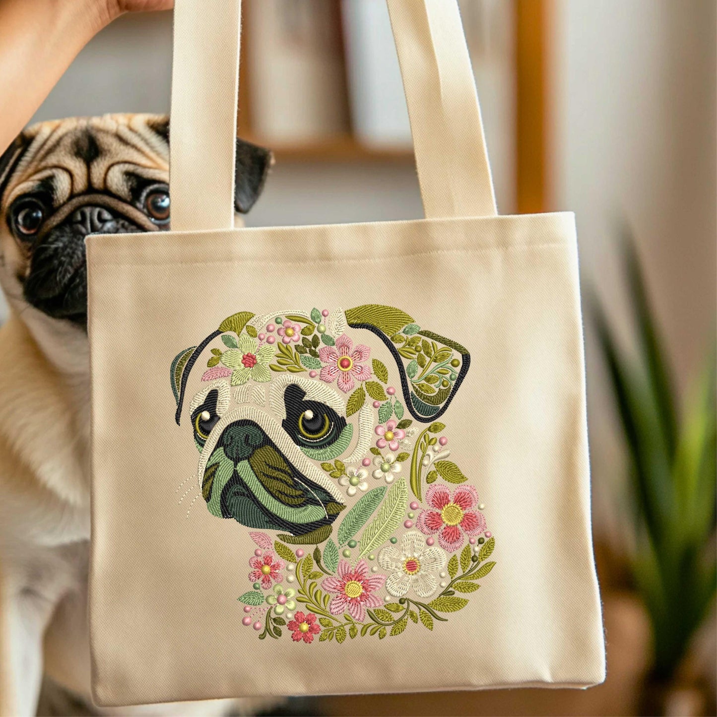 Floral Pug Dog Embroidery Design, Dog Machine Embroidery File Cute Pug Face Pattern, Dog Lover Gift Idea, Animal Embroidery, Pets Embroidery