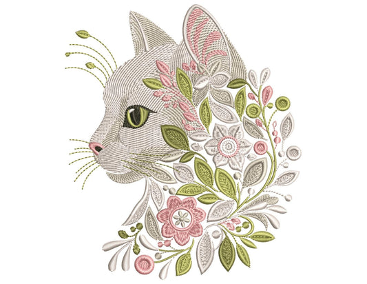 Cute Cat Head Embroidery Design – Floral Cat Profile Machine Embroidery – Digital Instant Download, Cat Pattern, Unique Pet Artwork, Cat PES