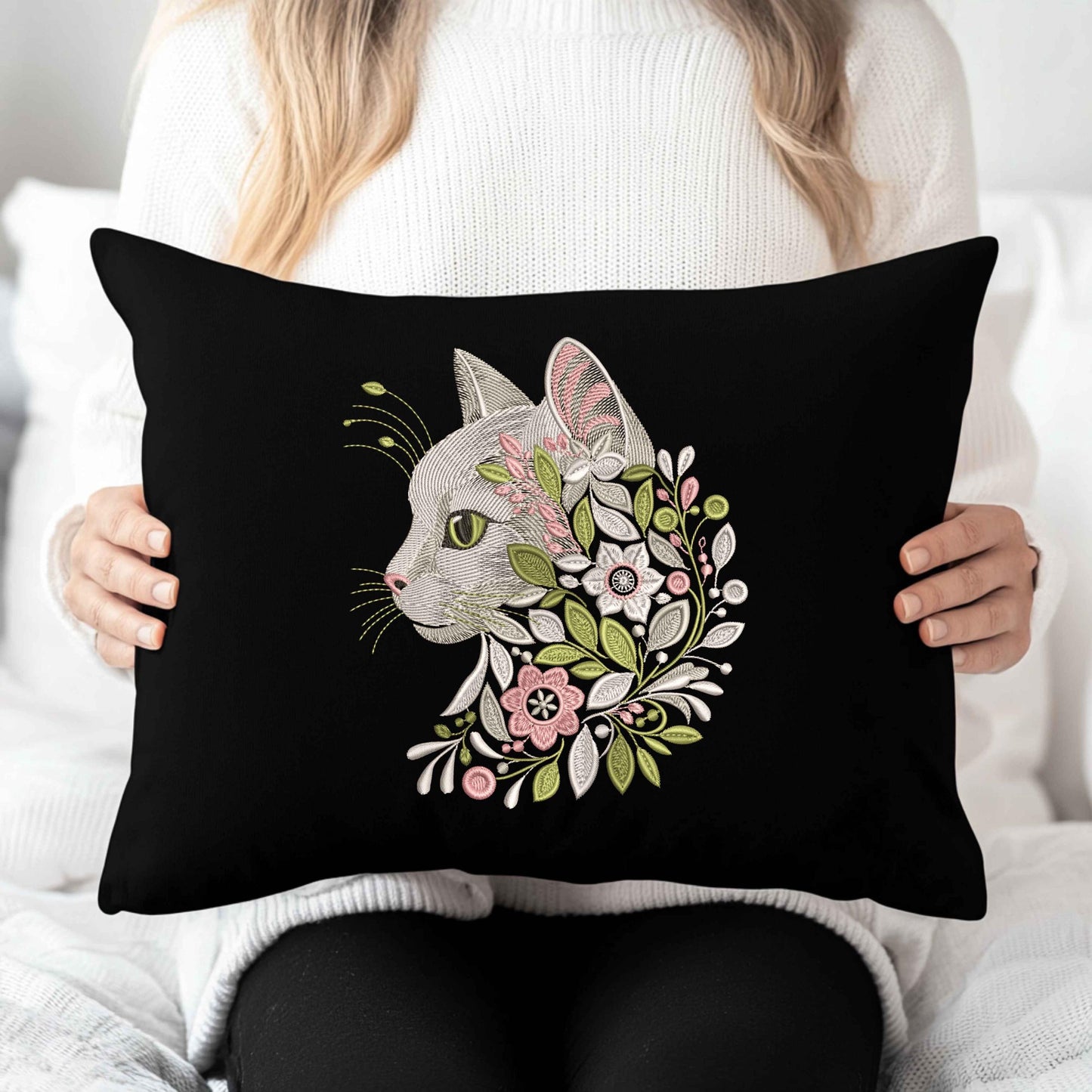 Cute Cat Head Embroidery Design – Floral Cat Profile Machine Embroidery – Digital Instant Download, Cat Pattern, Unique Pet Artwork, Cat PES